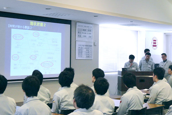 小集団活動の報告を、全社員による総合会議で発表